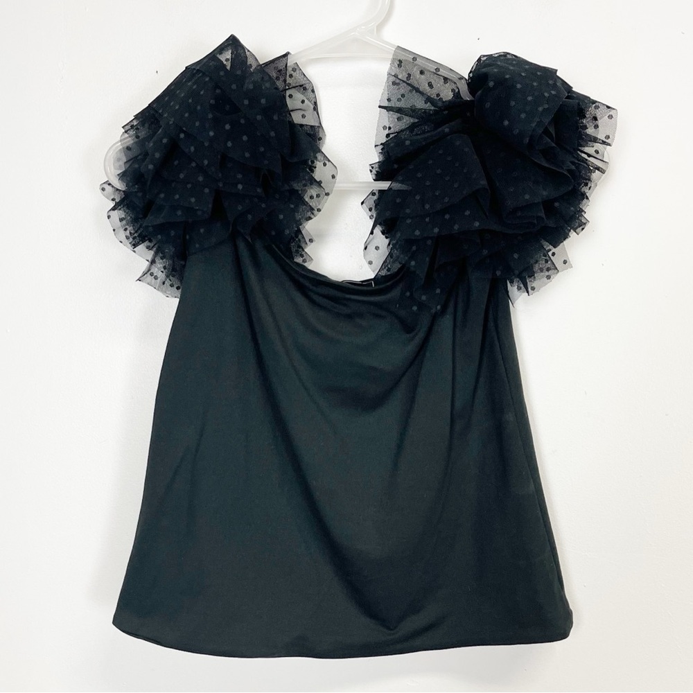G by Giuliana Tank Top Shirt Womens Large Black Tulle Fluff Shoulders